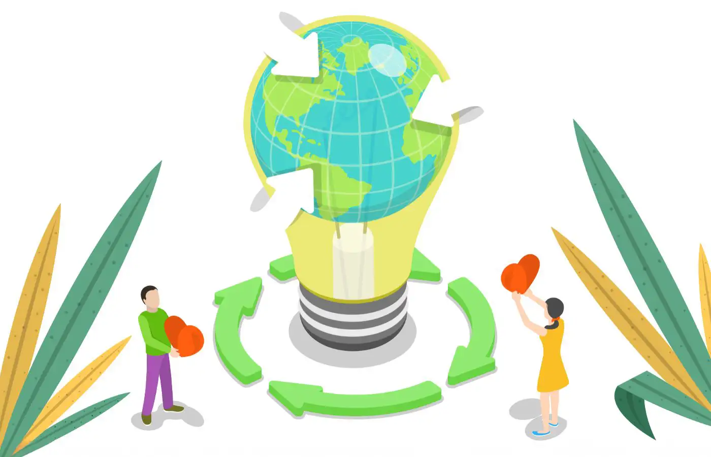 communaute_energie-energie_durable Illustration d'une ampoule en forme de globe terrestre entourée de flèches vertes, symbolisant l'énergie durable et la collaboration humaine.