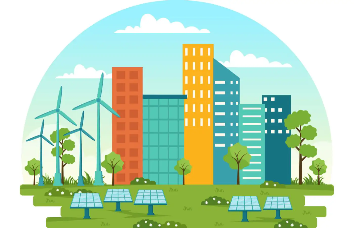 Illustration représentant une ville durable avec des bâtiments modernes entourés de panneaux solaires, d'éoliennes et d'arbres, symbolisant l'intégration des énergies renouvelables et la transition écologique dans les communautés urbaines.