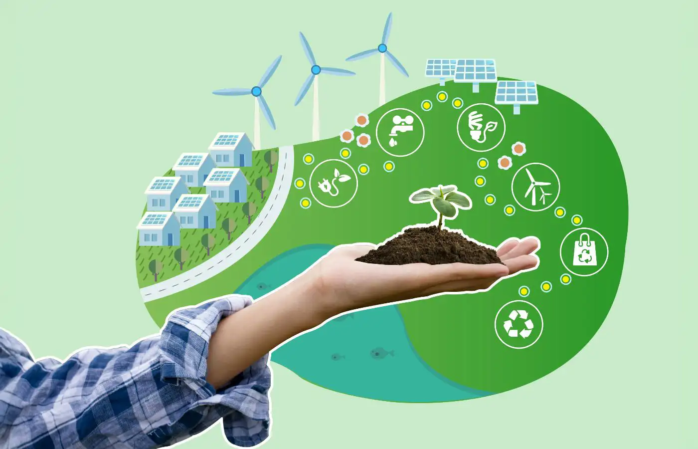 Illustration d'une main tenant un jeune plant devant un paysage avec des éoliennes, des panneaux solaires et des icônes représentant la durabilité.